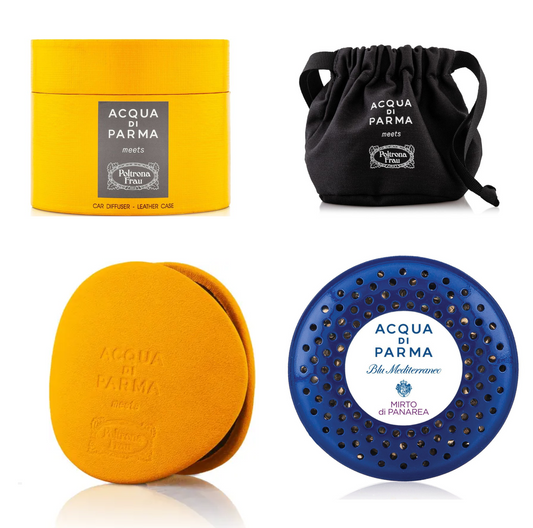 ACQUA DI PARMA Yellow Car Diffuser Leather Case with Mirto di Panarea Car Diffuser (19g) - Refill - Premium Perfume & Cologne from ACQUA DI PARMA - Just $239! Shop now at Beauty Boss Aus