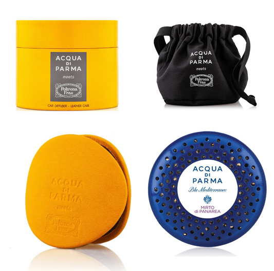Shop now at Beauty Vendor Australia Online -ACQUA DI PARMA Yellow Car Diffuser Leather Case with Mirto di Panarea Car Diffuser (19g) - Refill - Premium Range from ACQUA DI PARMA - Just $239!